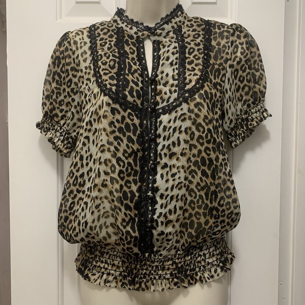 Y2K Leopard Print Blouse Sz S Sheer Lace Trim Puff Sleeve Smocked Hem Made USA